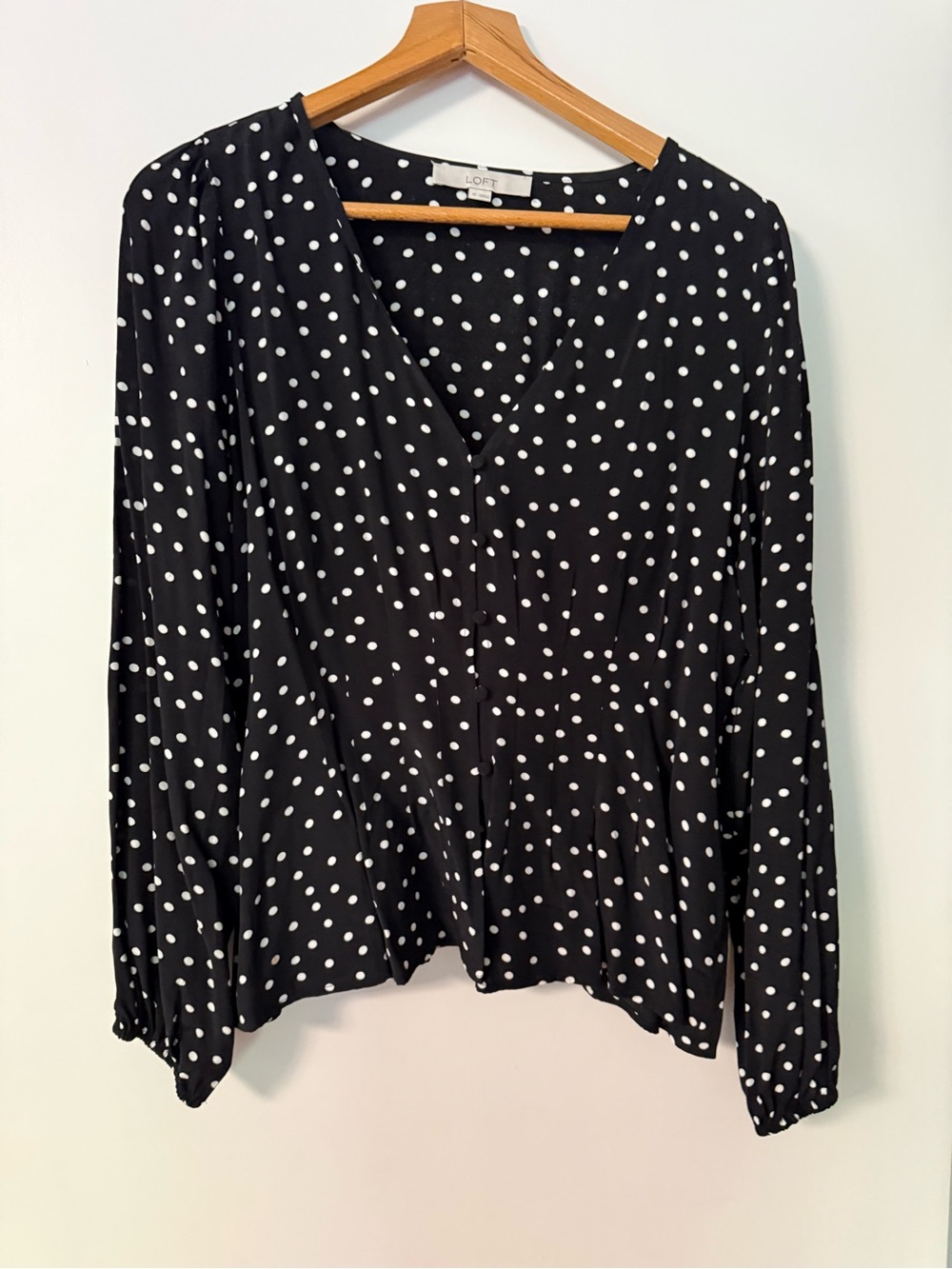 LOFT Black and White Polka Dot V-Neck Blouse